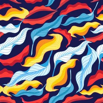 Seamless bright autumn vector pattern with colorful beautiful leaves against Stock Illustration