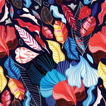 Seamless bright autumn vector pattern with colorful beautiful leaves against Stock Illustration