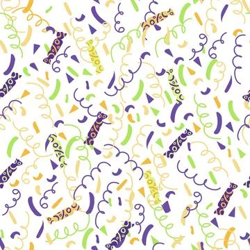 Seamless bright birthday pattern. Petard, ribbons and candy. Doodle style Stock Illustration