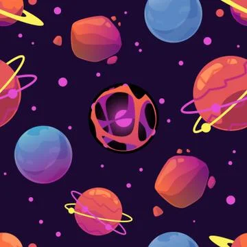 Seamless bright colorful pattern with space planets flat vector illustration. イラスト素材