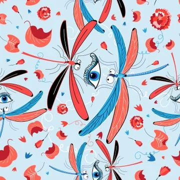 Seamless bright dragonfly pattern and eyes Stock Illustration