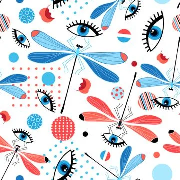 Seamless bright dragonfly pattern and eyes Stock Illustration