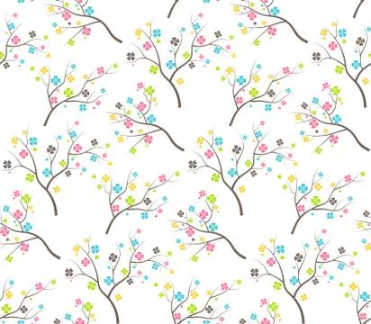 Seamless Bright Fun Abstract Spring Summer Flower Trees Pattern Illustrazione stock