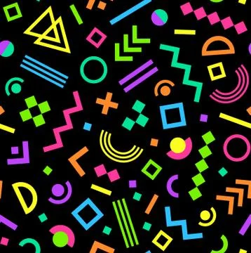 Seamless bright geometric vintage pattern in retro 80s style on black backgro Stock Illustration