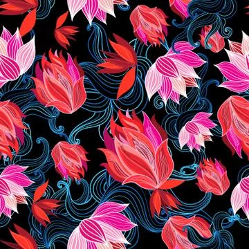 Seamless bright graphic pattern of red flowers and waves Stock Illustration
