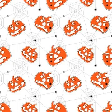 Seamless bright halloween pattern. Cartoon style pattern with pumpkins, spide Stock Illustration