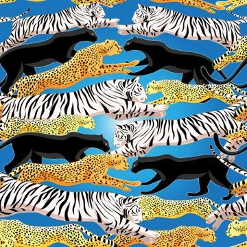 Seamless bright jungle pattern of panthers, cheetahs and tigers Stockillustratie