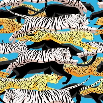 Seamless bright jungle pattern of panthers, cheetahs and tigers Stock Illustration