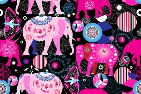 Seamless bright ornamental pattern of elephants and geometry Stock Illustration