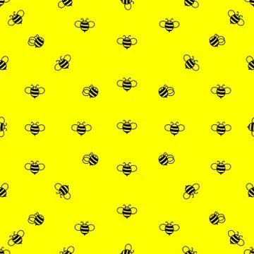 Seamless bright pattern of bees. Contour black drawing on a yellow background Stock Illustration