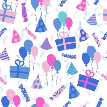 Seamless bright pattern of birthday attributes - gifts, hats, ribbon, balls Stock Illustration