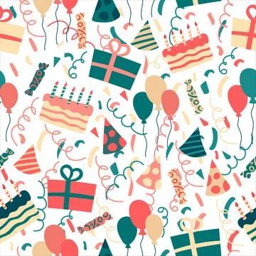Seamless bright pattern of birthday attributes - gifts, hats, cake, crackers Stock Illustration