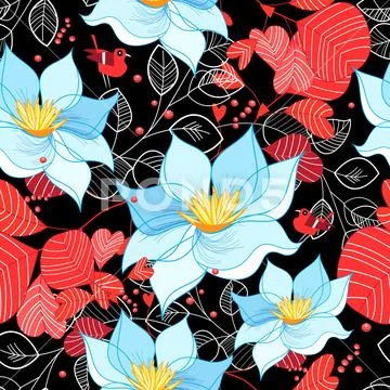 Seamless bright pattern of flowers and leaves Stock Illustration