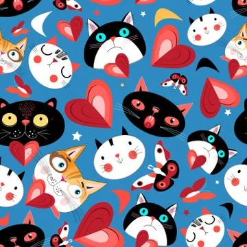 Seamless bright pattern of funny cats in love Stock Illustration