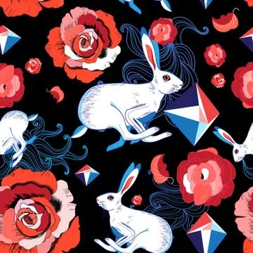 Seamless bright pattern of jumping hares Stock Illustration
