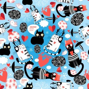 Seamless bright pattern of loving cats with hearts Stock Illustration