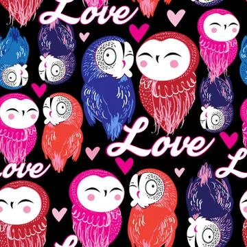 Seamless bright pattern with owls in love Stock Illustration