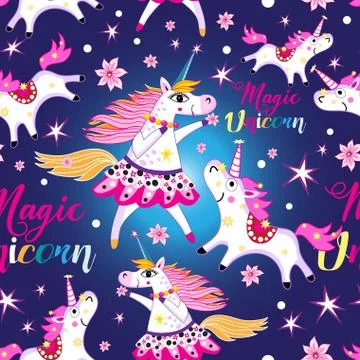 Seamless bright pattern with unicorns and stars Stock Illustration