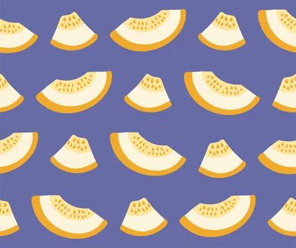 Seamless bright pattern of yellow melon pieces on a purple background. Frui.. Stock Illustration