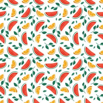 Seamless bright spring and summer pattern with oranges, watermelon, leaves and Stock Illustration