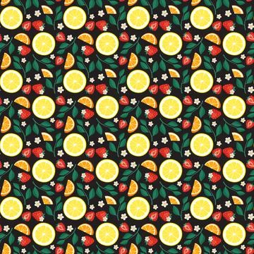 Seamless bright spring and summer pattern with orange, lemon and strawberry with Stock Illustration