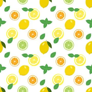 Seamless bright spring and summer pattern with lemon, tangerine, orange and lime 스톡 일러스트