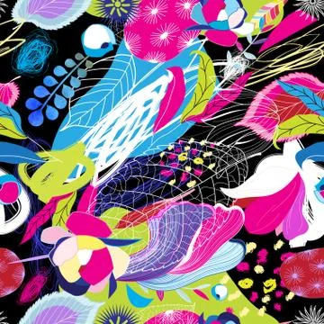 Seamless bright tropical pattern of leaves, spots and flowers Stock Illustration
