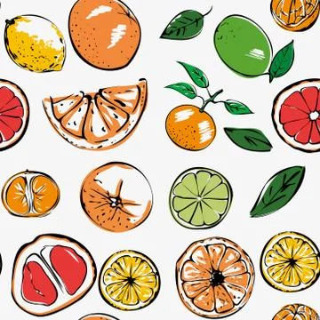 Seamless bright vector pattern of colored citrus fruits on a white background. Stock Illustration