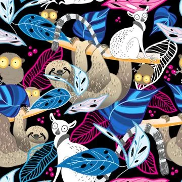 Seamless bright vector tropical pattern of lemurs and sloths 스톡 일러스트
