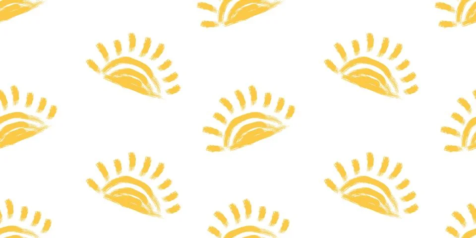Seamless bright yellow sun pattern with hand painted brush stroke rainbows .. Stock Illustration