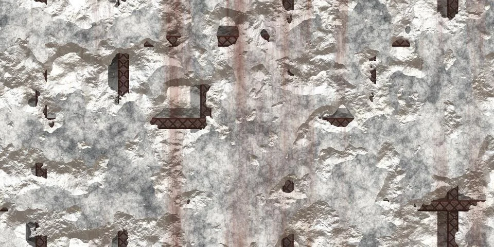 Seamless broken stone wall with rust fittings background. Damaged concrete .. Illustrazione stock