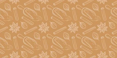 Seamless brown background pattern with line art style of cinnamon stick, star Stock Illustration