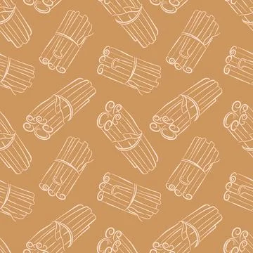 Seamless brown background pattern in line art style with bundle of cinnamon Stock Illustration