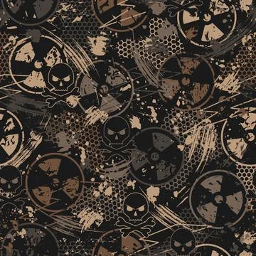 Seamless brown camouflage pattern with ionizing radiation symbol Stock Illustration