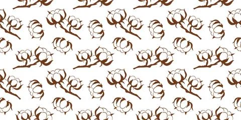 Seamless brown cotton plant pattern on white background in line art style 库存插图