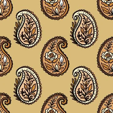 Seamless brown paisley pattern with rose motif Stock Illustration