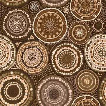 Seamless brown pattern with colorful round elements made of dots Stock Illustration