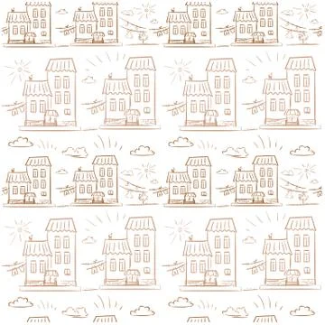 Seamless brown pattern Kids art Bildings of city street with dry clothes Stock Illustration