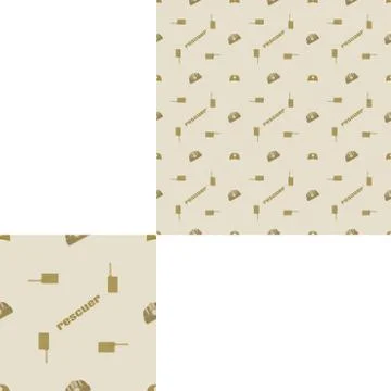 Seamless brown pattern of Rescue and fire with helmets, radio and text with p Stock Illustration