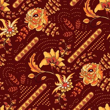Seamless brown pattern with stylized yellow flowers. Floral ornament. Stock Illustration