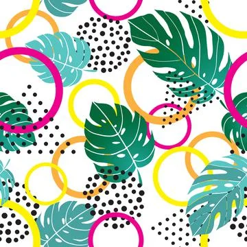 Seamless bstract summer pattern with geometric shapes and tropical monestera  Stock Illustration