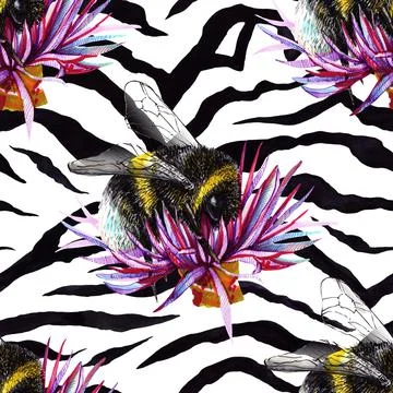 Seamless bumblebee pattern with flowers on a zebra skin background Stock Illustration
