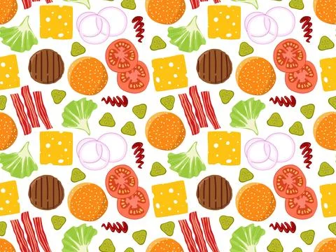 Seamless Burger ingredients pattern. Cartoon hamburger recipe repeated pattern Stock Illustration
