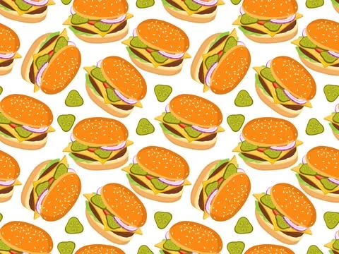 Seamless Burger pattern. Cartoon hamburger and pickled cucumber slice repeated Stock Illustration