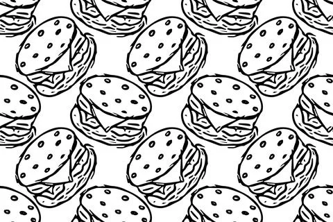 Seamless burger pattern. Drawn hamburger background. Doodle vector hamburge.. Stock Illustration