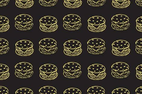 Seamless burger pattern. Drawn hamburger background. Doodle vector hamburge.. Stock Illustration