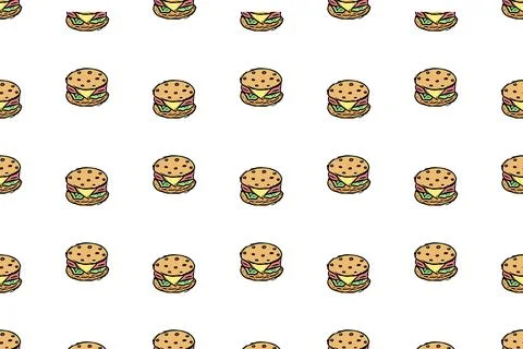 Seamless burger pattern. Drawn hamburger background. Doodle vector hamburge.. Stock Illustration
