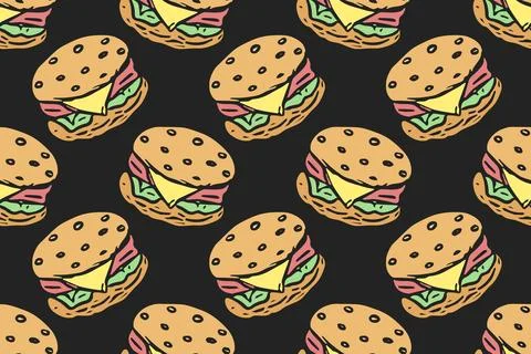 Seamless burger pattern. Drawn hamburger background. Doodle vector hamburge.. Stock Illustration