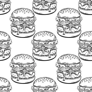 Seamless burger pattern in hand-drawn engraving sketch style 스톡 일러스트