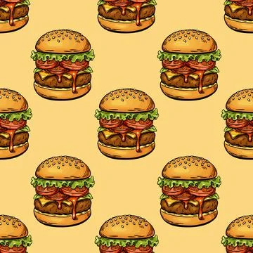 Seamless burger pattern with melting cheese in cartoon style Stock Illustration